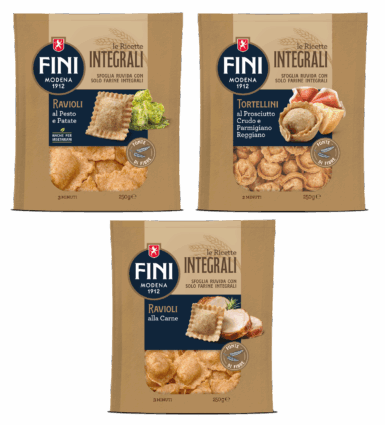 Pasta integrale Fini: ravioli pesto e patate, tortellini prosciutto e ravioli alla carne. Ricette integrali.