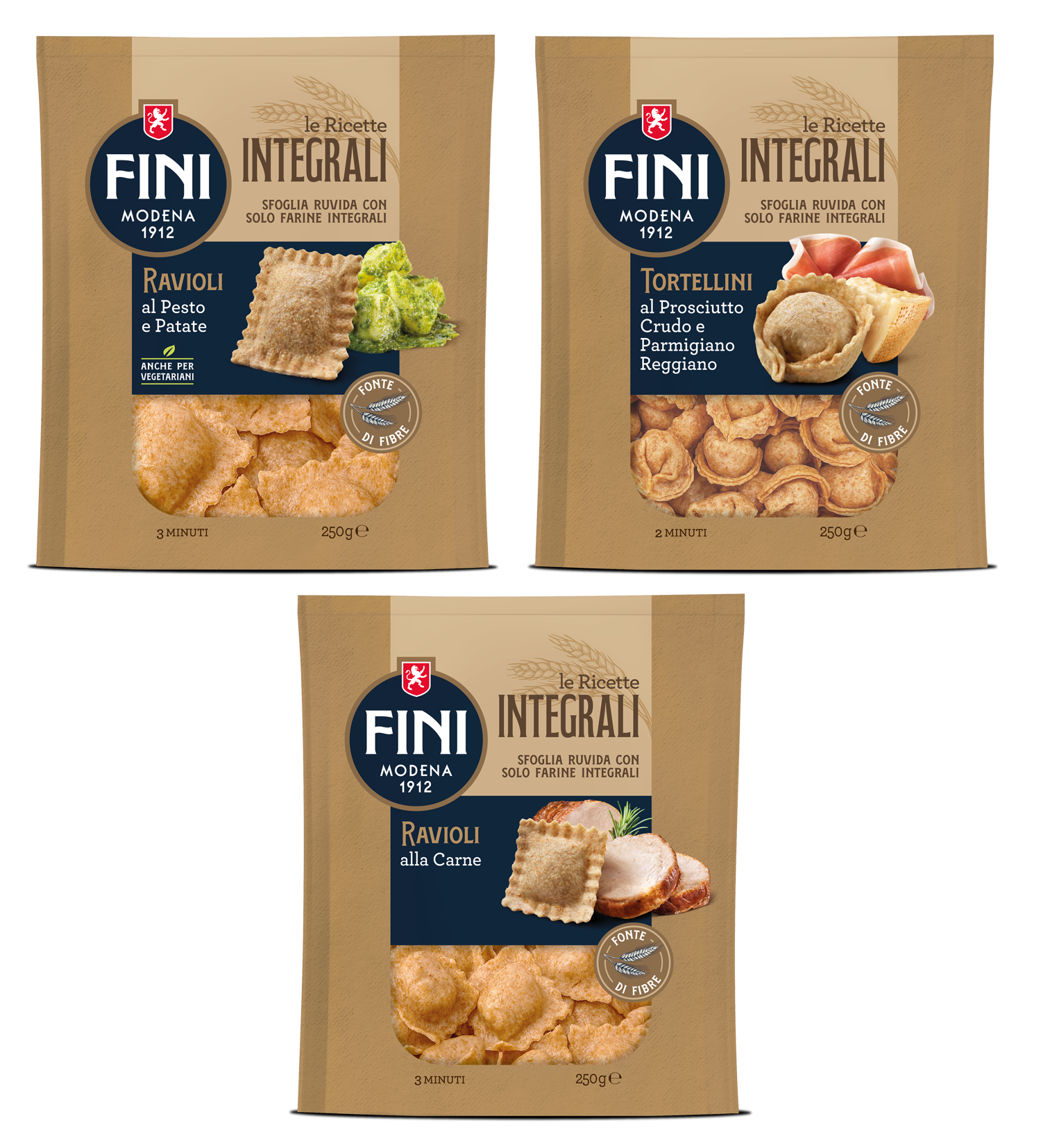 Pasta integrale Fini: ravioli pesto e patate, tortellini prosciutto e ravioli alla carne. Ricette integrali.