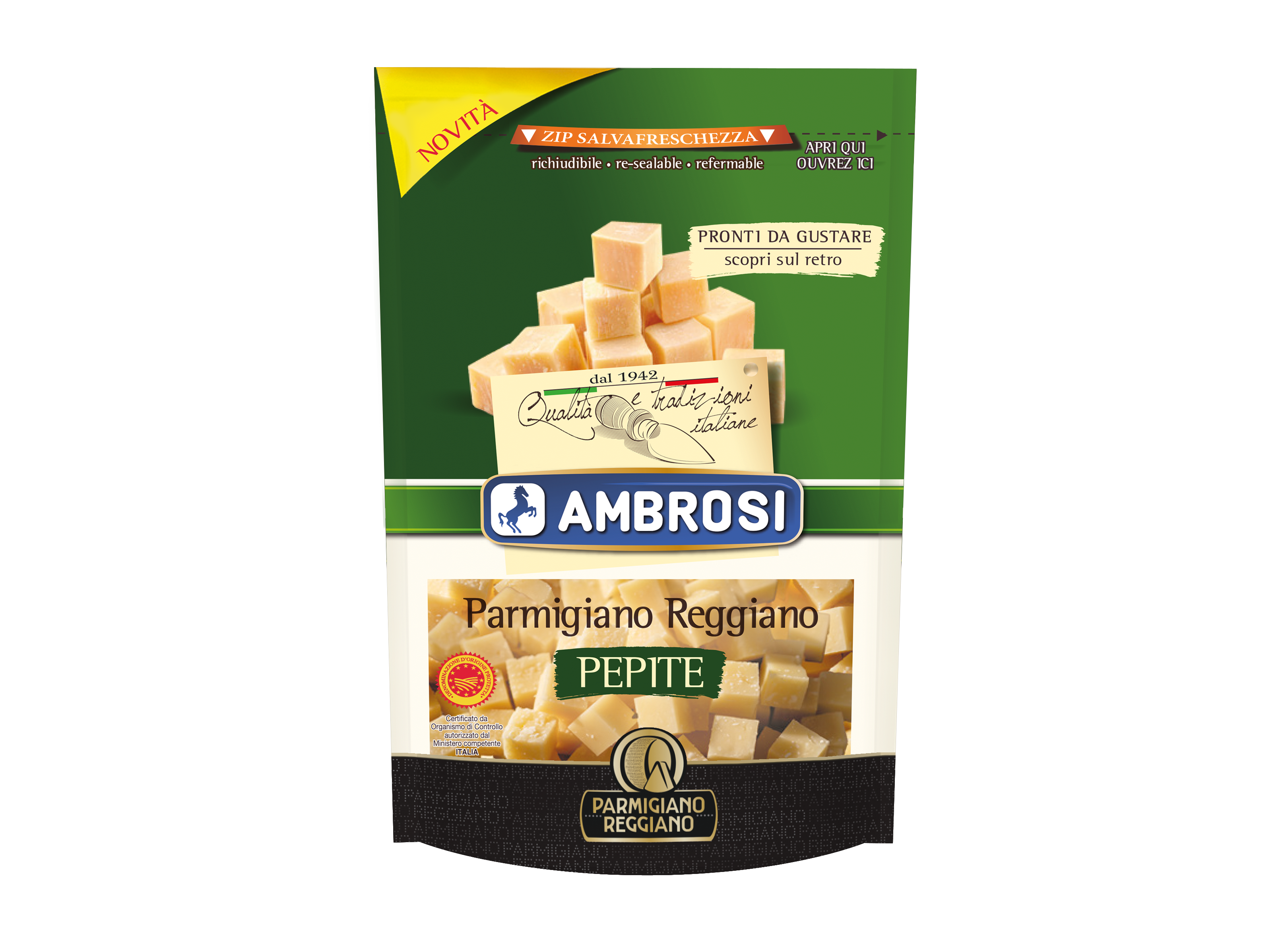 Confezione Pepite Ambrosi di Parmigiano Reggiano DOP, cubetti di formaggio stagionato da grattugiare o gustare.