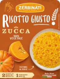 Confezione di Risotto Giusto alla Zucca Zerbinati. Riso pronto in 2 minuti. Ricetta vegetale con solo riso piemontese.