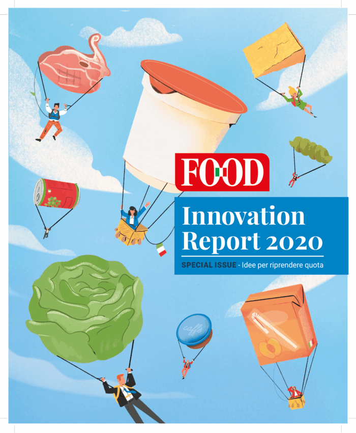 Copertina Food Innovation Report 2020: cibo del futuro come carne, yogurt, formaggio, verdure, caffè e succo. R&D alimentare.