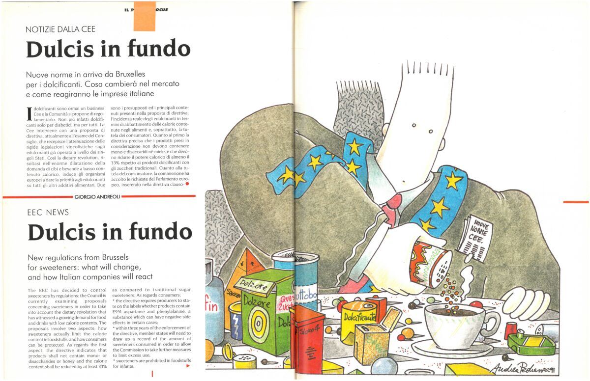 Illustrazione satirica sui dolcificanti e normative CEE. Tanti prodotti edulcoranti e un funzionario. Business alimentare.