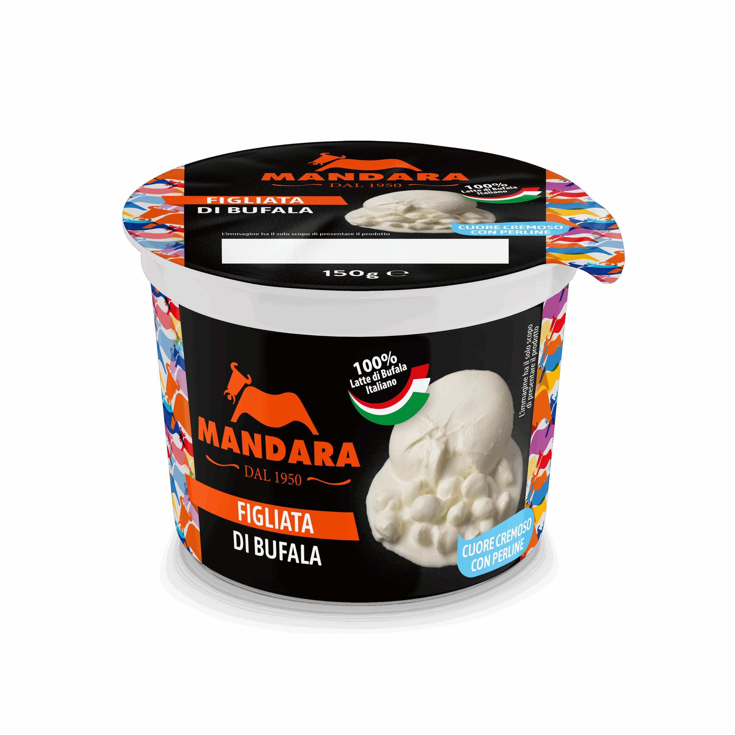 Confezione da 150g di Figliata di Bufala Mandara, formaggio fresco con cuore cremoso e perline di latte 100% italiano.