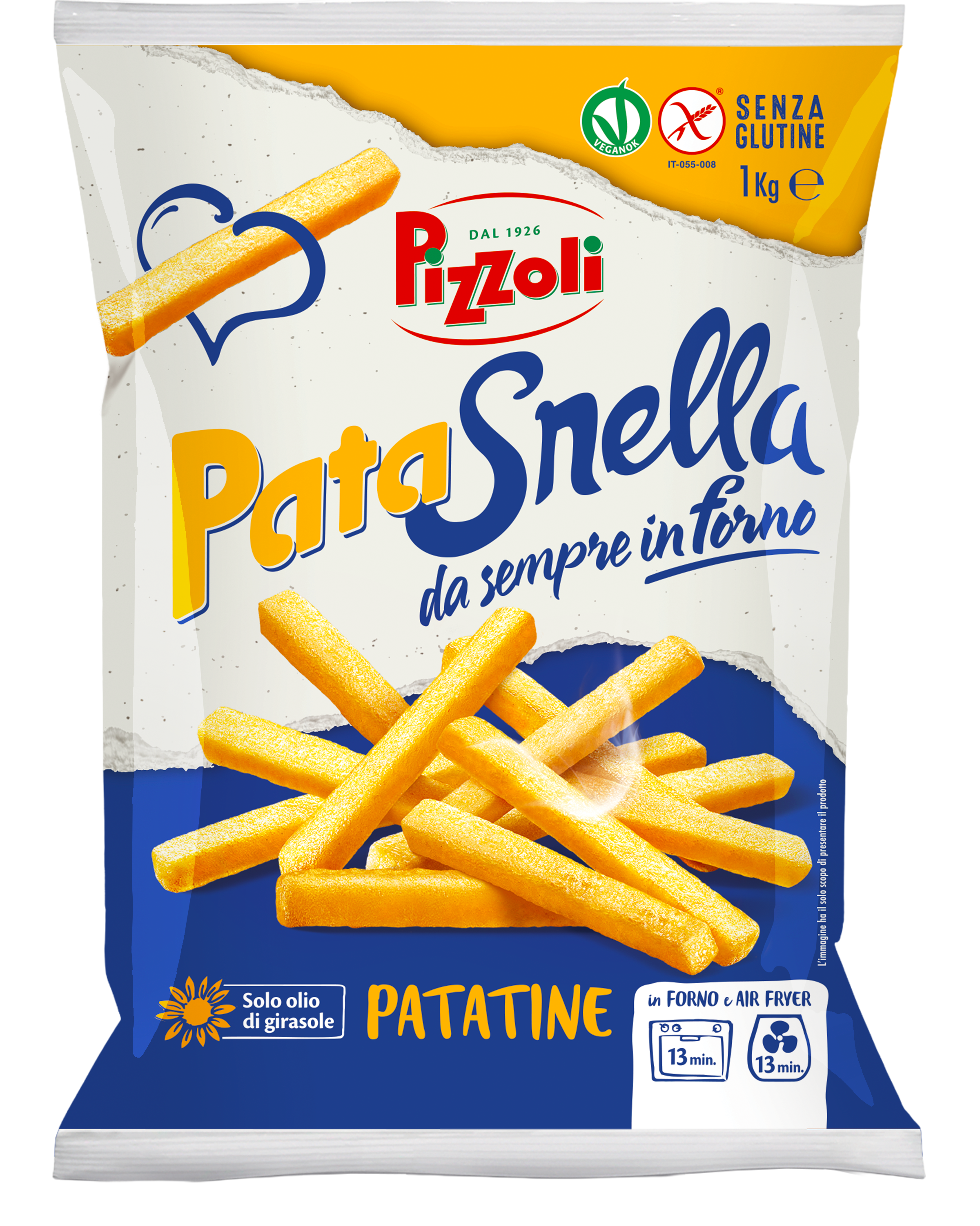 Confezione da 1kg di patatine surgelate Pizzoli Patasnella, senza glutine, ideali per cottura in forno o air fryer.