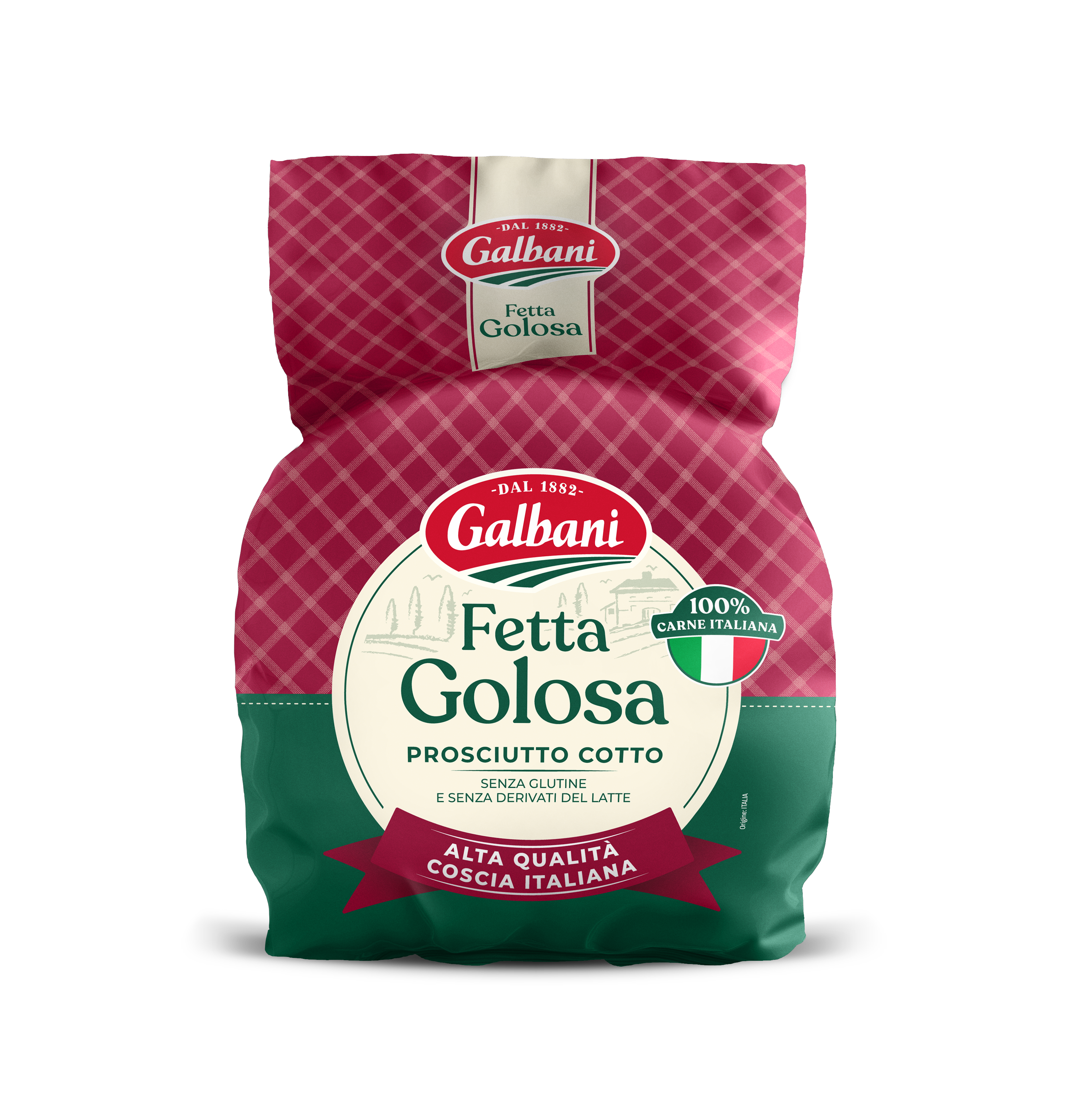 Confezione di Prosciutto Cotto Galbani Fetta Golosa, alta qualità da coscia italiana, 100% carne italiana, senza glutine.