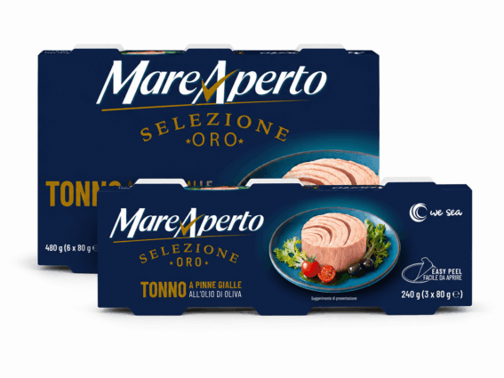 Confezioni di Tonno Mare Aperto Selezione Oro a pinne gialle all'olio di oliva, formato multipack facile da aprire.