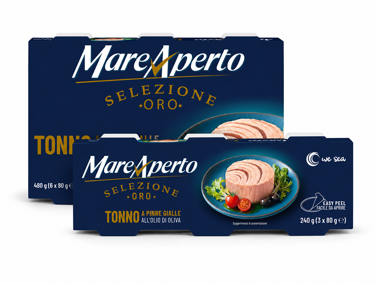 Confezioni di Tonno Mare Aperto Selezione Oro a pinne gialle all'olio di oliva, formato multipack facile da aprire.